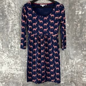 Boden Size 6 Deer Print Scoop Neck Mini Fit Flared Dress Navy 3/4 Sleeve Stretch
